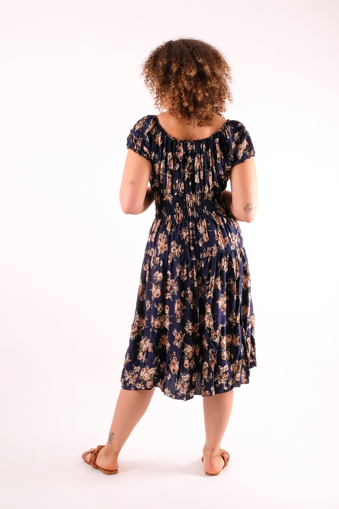Jenna - Shirring Button Detailed Floral Print Midi Dress - Pinstripe