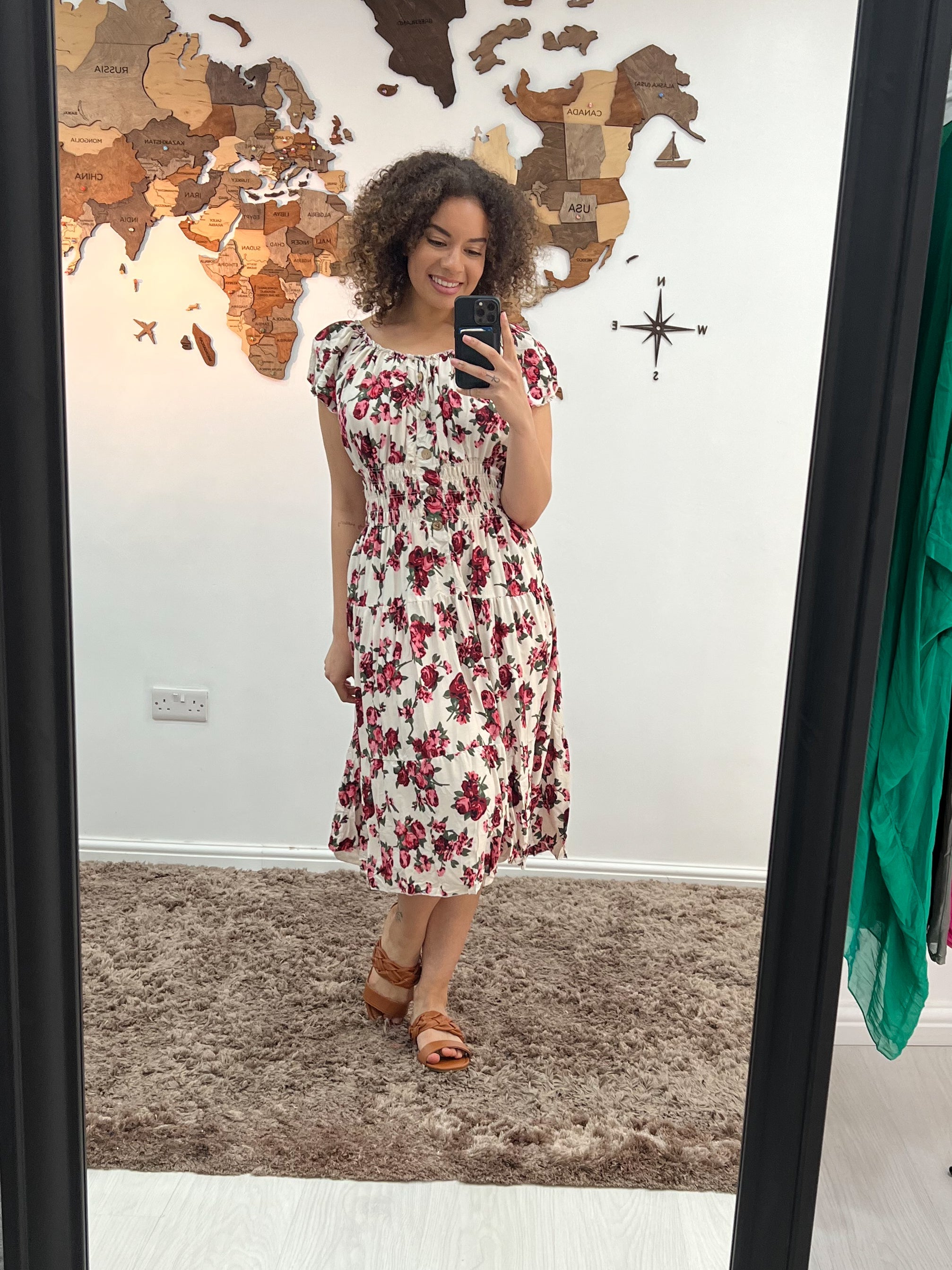 Jenna - Shirring Button Detailed Floral Print Midi Dress - Pinstripe