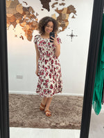 Load image into Gallery viewer, Jenna - Shirring Button Detailed Floral Print Midi Dress - Pinstripe
