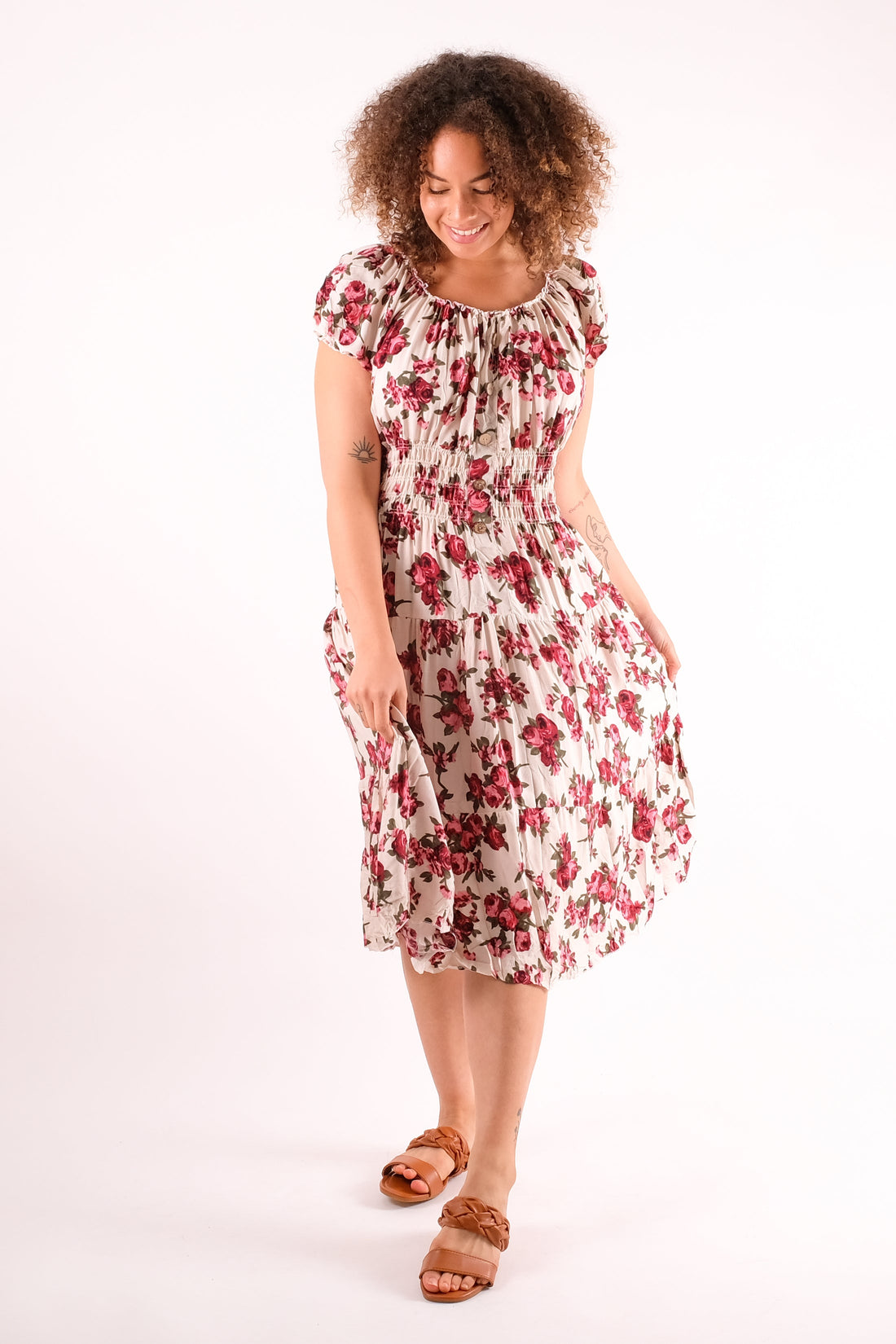 Jenna - Shirring Button Detailed Floral Print Midi Dress - Pinstripe