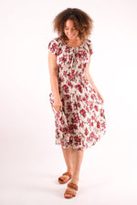 Load image into Gallery viewer, Jenna - Shirring Button Detailed Floral Print Midi Dress - Pinstripe
