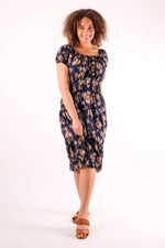 Load image into Gallery viewer, Jenna - Shirring Button Detailed Floral Print Midi Dress - Pinstripe
