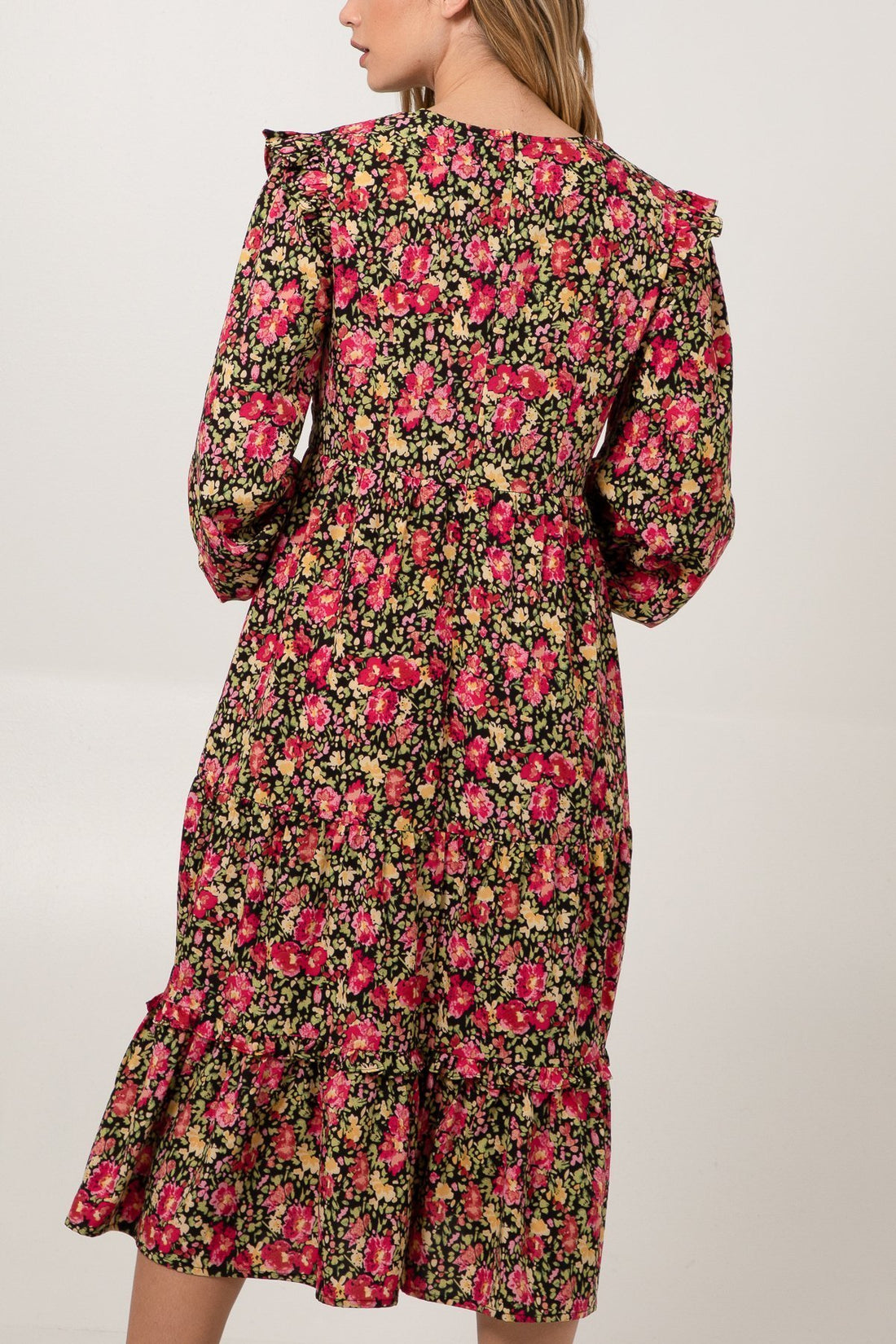 Jessica - Floral Print Frill Shoulder Midi Dress - Pinstripe