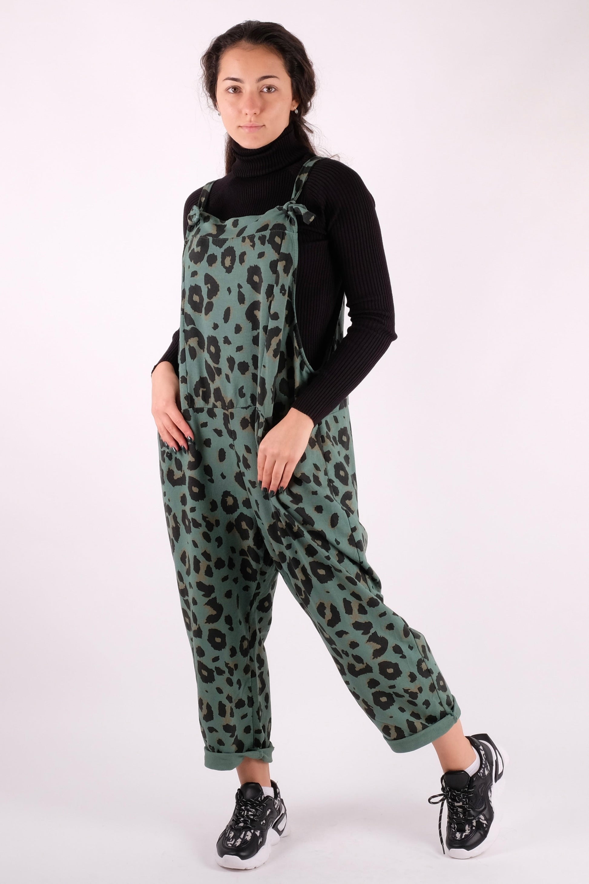 Leopard Print Dungarees 3/4 Length - Pinstripe