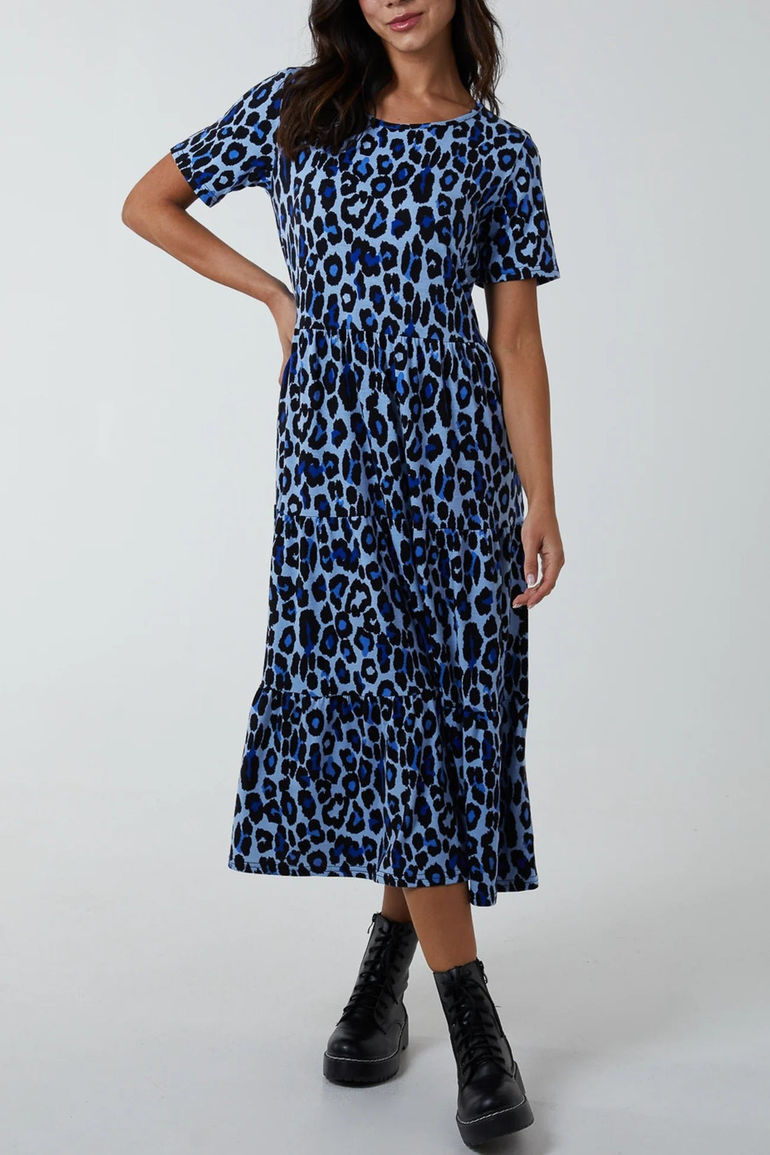 Leopard Print Tiered Smock Midi Dress - Pinstripe