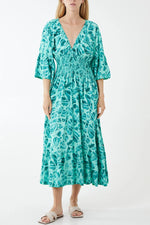 Load image into Gallery viewer, Lolita - Kimono Sleeve Shirred Bodice Leaves Midi Dress - Pinstripe
