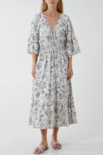 Load image into Gallery viewer, Lolita - Kimono Sleeve Shirred Bodice Leaves Midi Dress - Pinstripe
