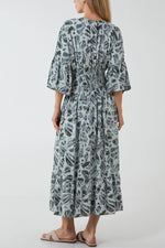 Load image into Gallery viewer, Lolita - Kimono Sleeve Shirred Bodice Leaves Midi Dress - Pinstripe
