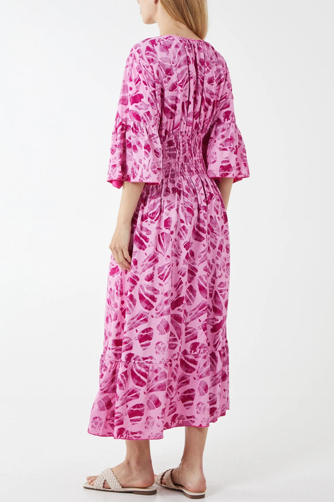 Lolita - Kimono Sleeve Shirred Bodice Leaves Midi Dress - Pinstripe
