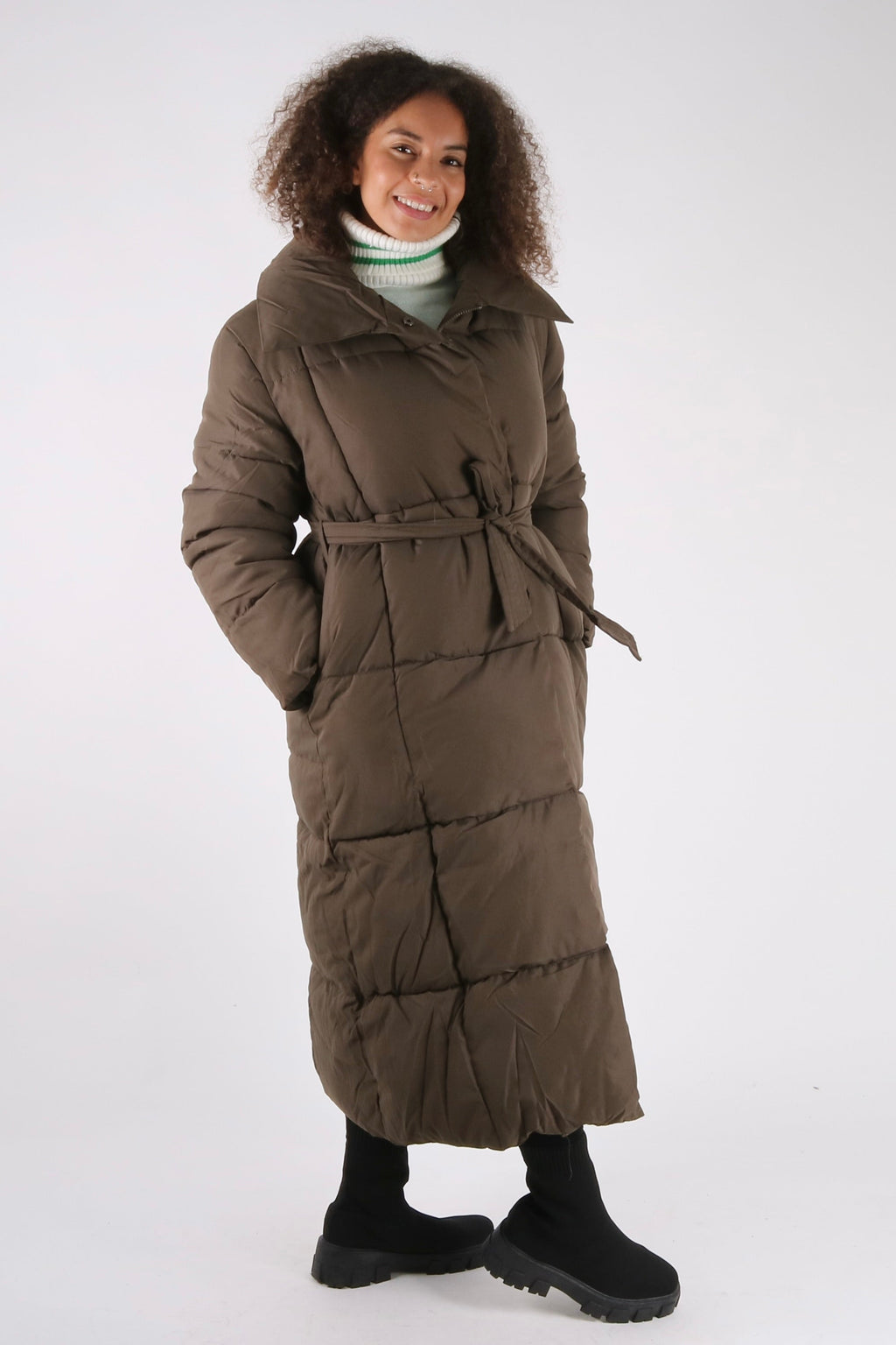 Long Line Puffer Coat With Tie Belt - Pinstripe