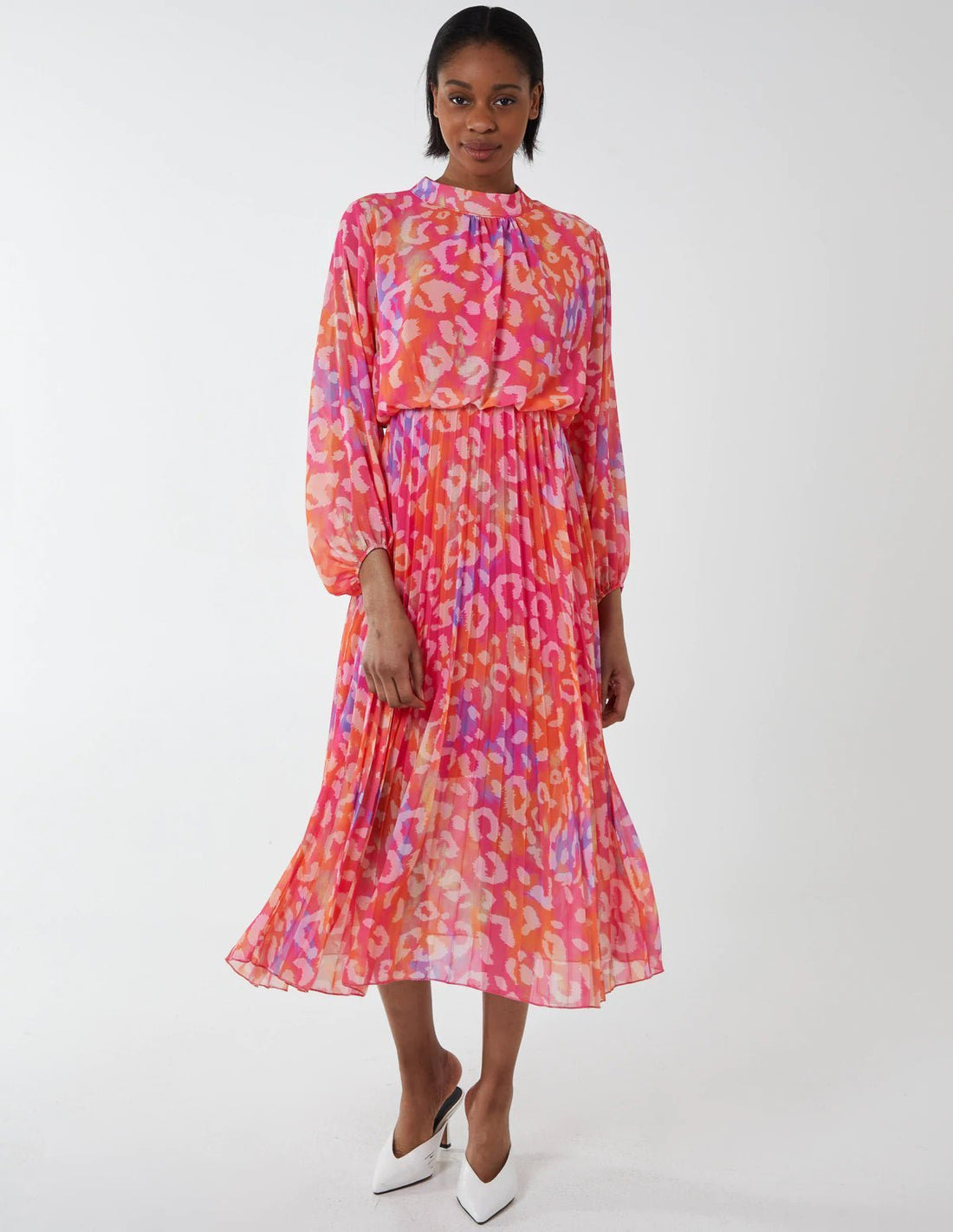 Mila - High Neck Leopard Print Midi Pleated Dress - Pinstripe