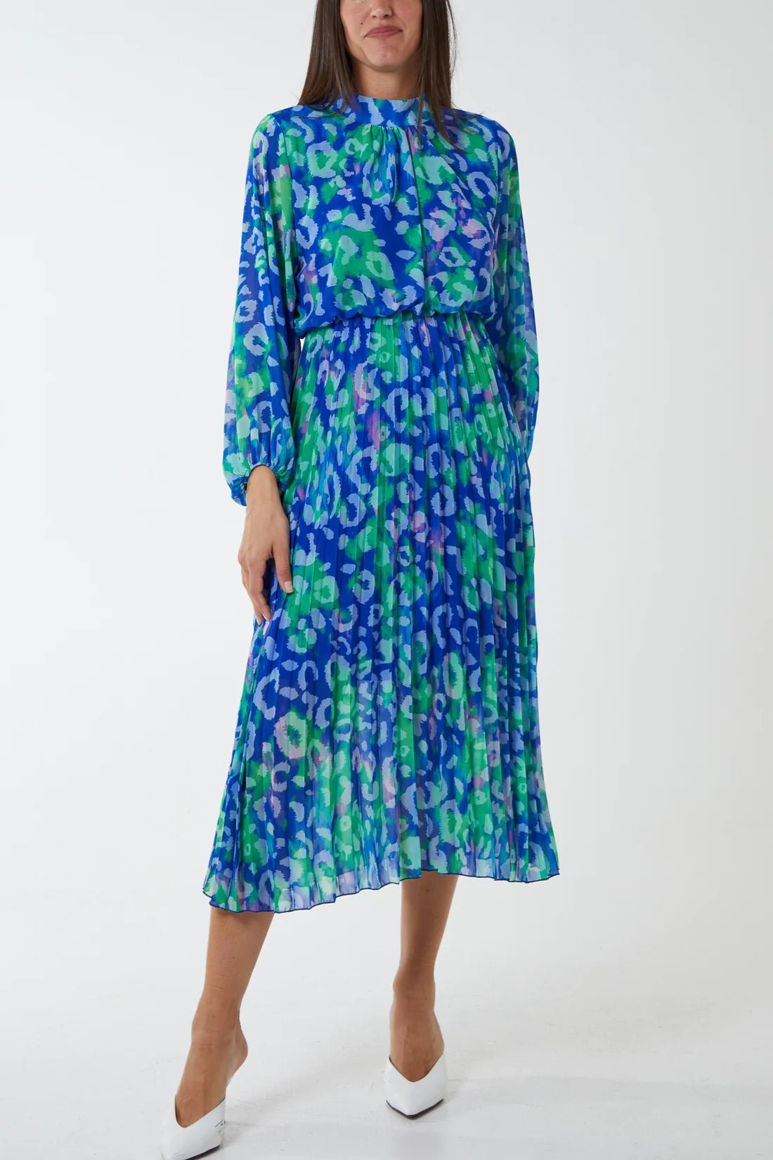 Mila - High Neck Leopard Print Midi Pleated Dress - Pinstripe