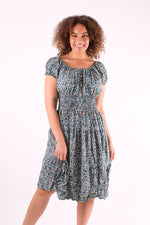 Load image into Gallery viewer, Nama - Shirring Button Detailed Floral Print Midi Dress - Pinstripe
