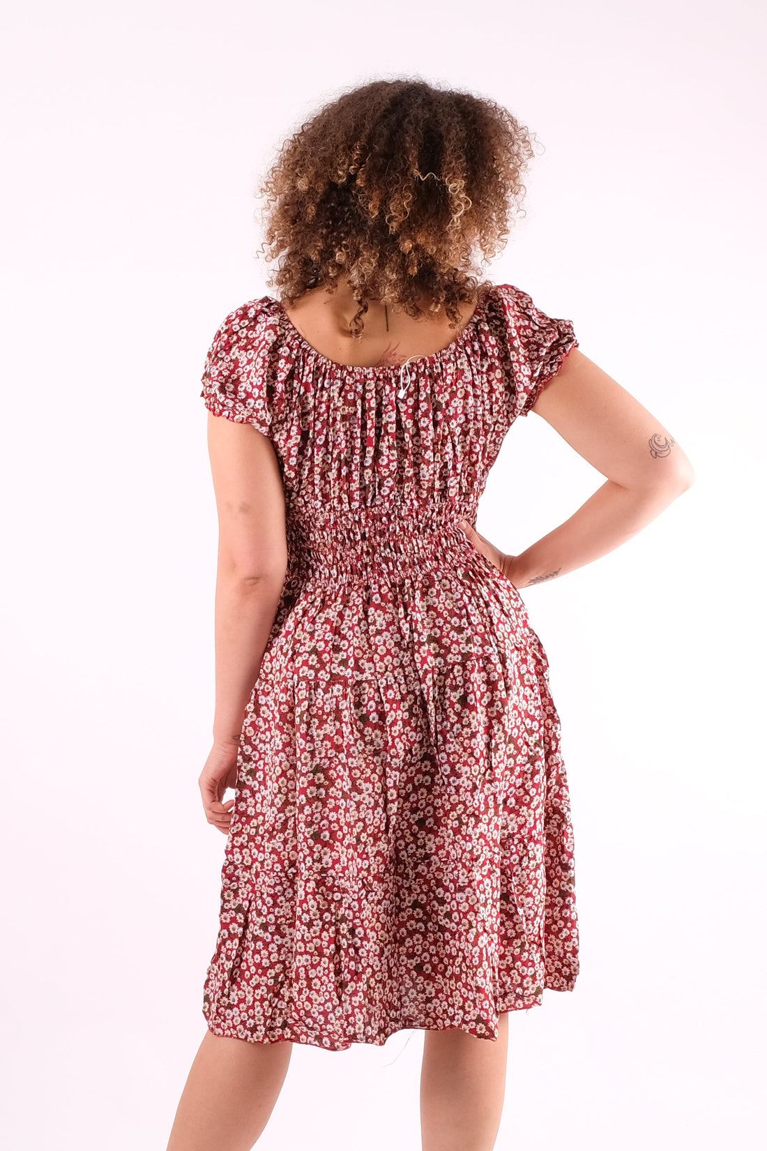 Nama - Shirring Button Detailed Floral Print Midi Dress - Pinstripe