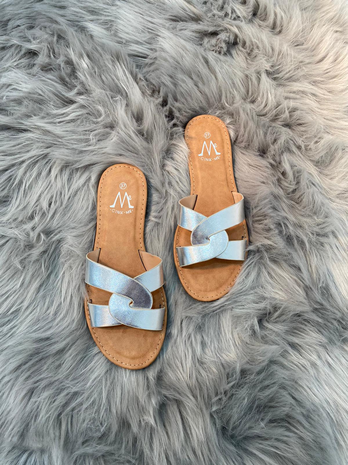 Odetta - Faux Leather Interlocked Strap Slip On Sliders - Pinstripe