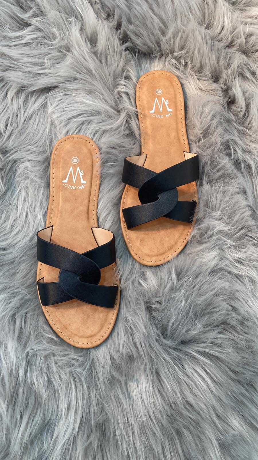 Odetta - Faux Leather Interlocked Strap Slip On Sliders - Pinstripe