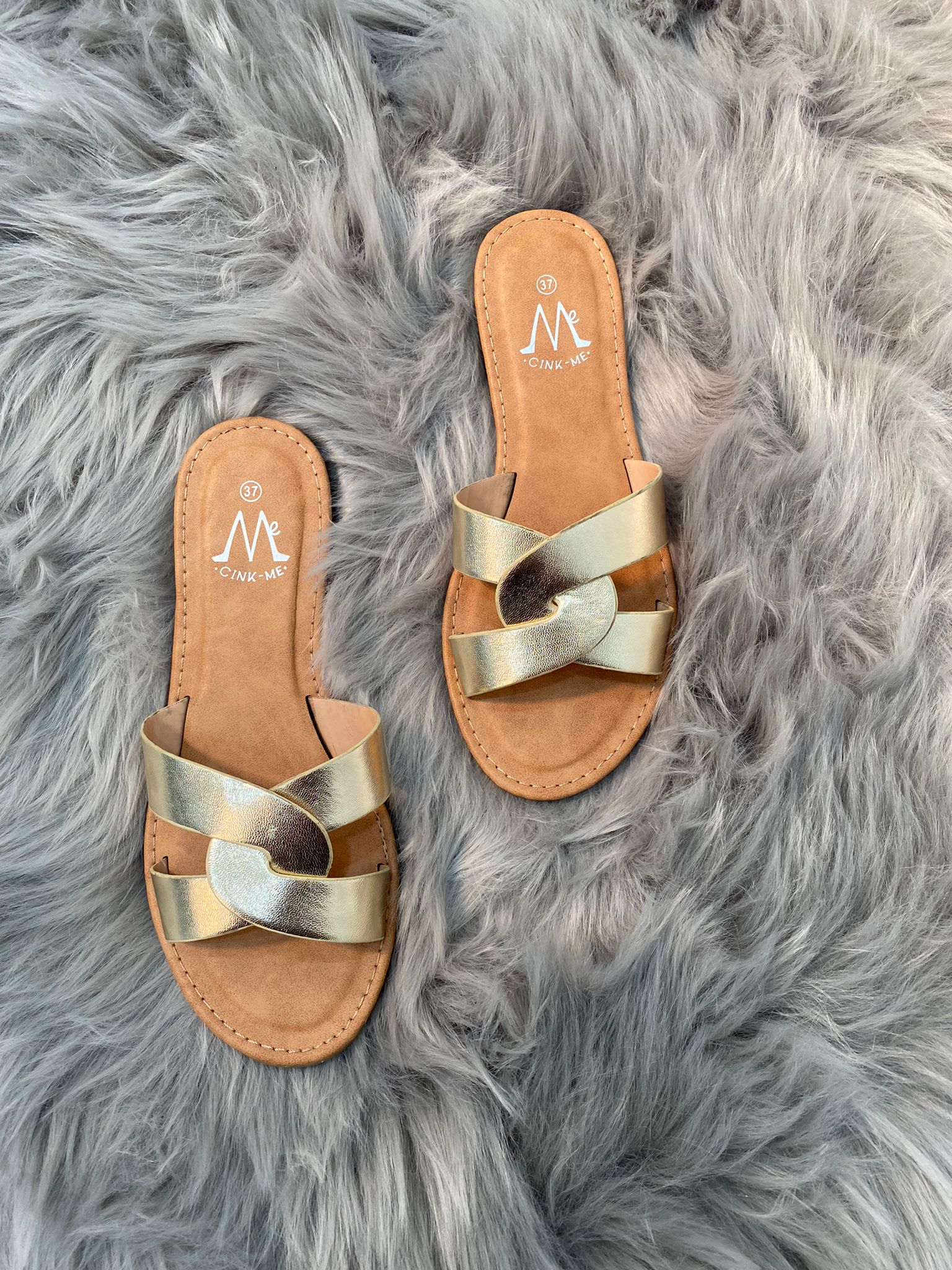 Odetta - Faux Leather Interlocked Strap Slip On Sliders - Pinstripe