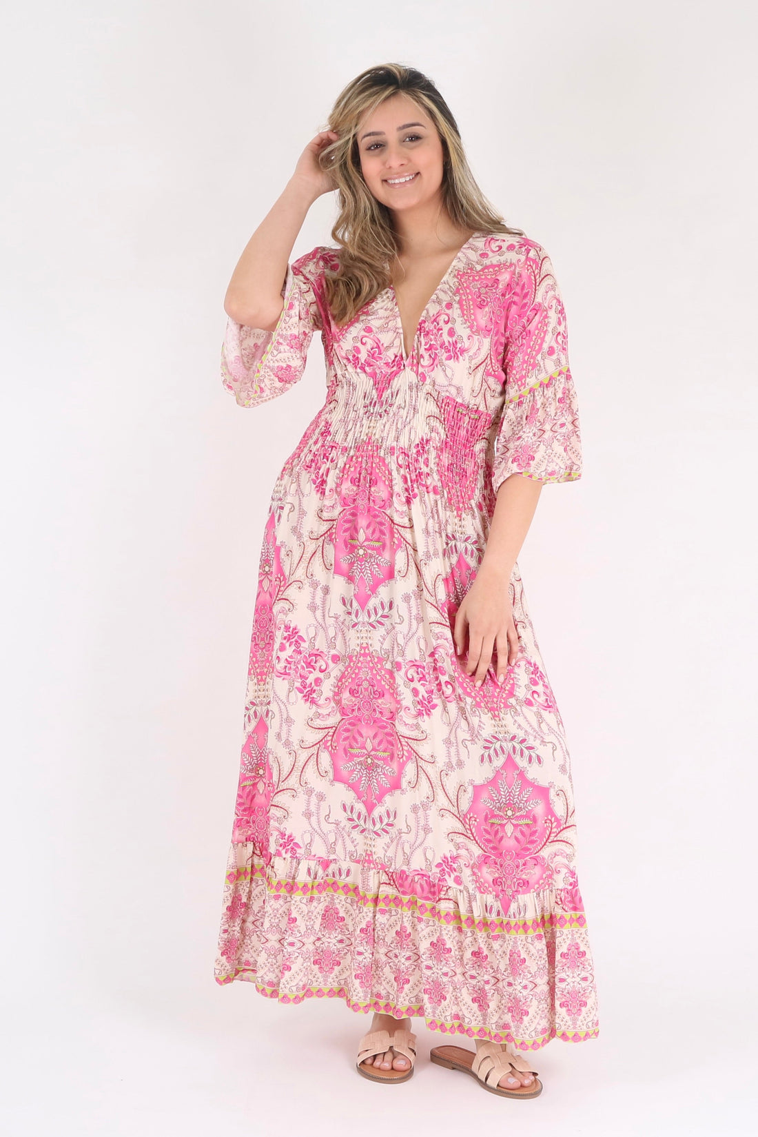 Pink Floral Print Ruffle Hem Maxi Dress - Pinstripe