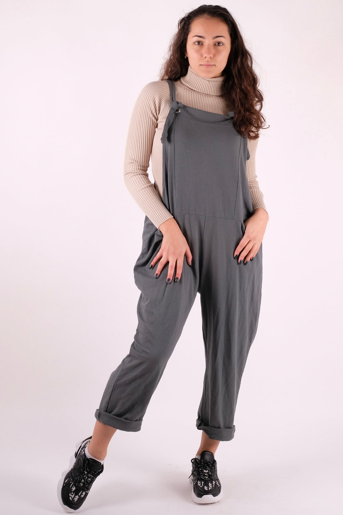 Plain Dungarees 3/4 Length With Chrome Loop Hole - Pinstripe