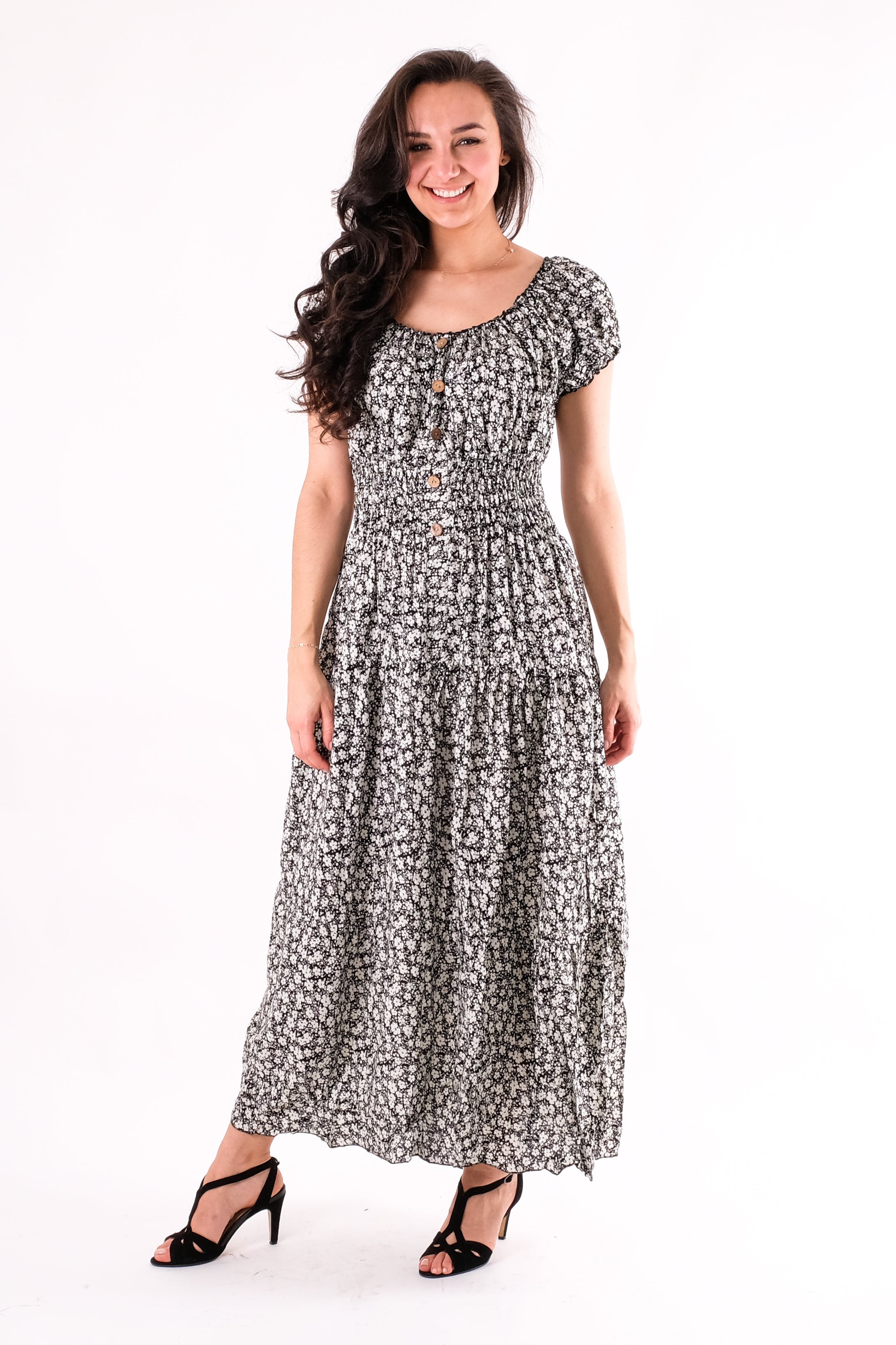 Robin - Shirring Button Detailed Floral Maxi Dress - Pinstripe