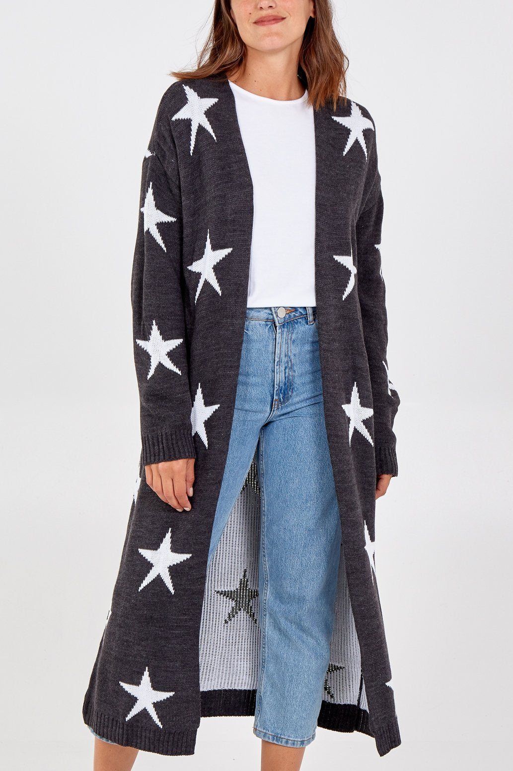 Sharon - Long Knitted Star Cardigan - Pinstripe