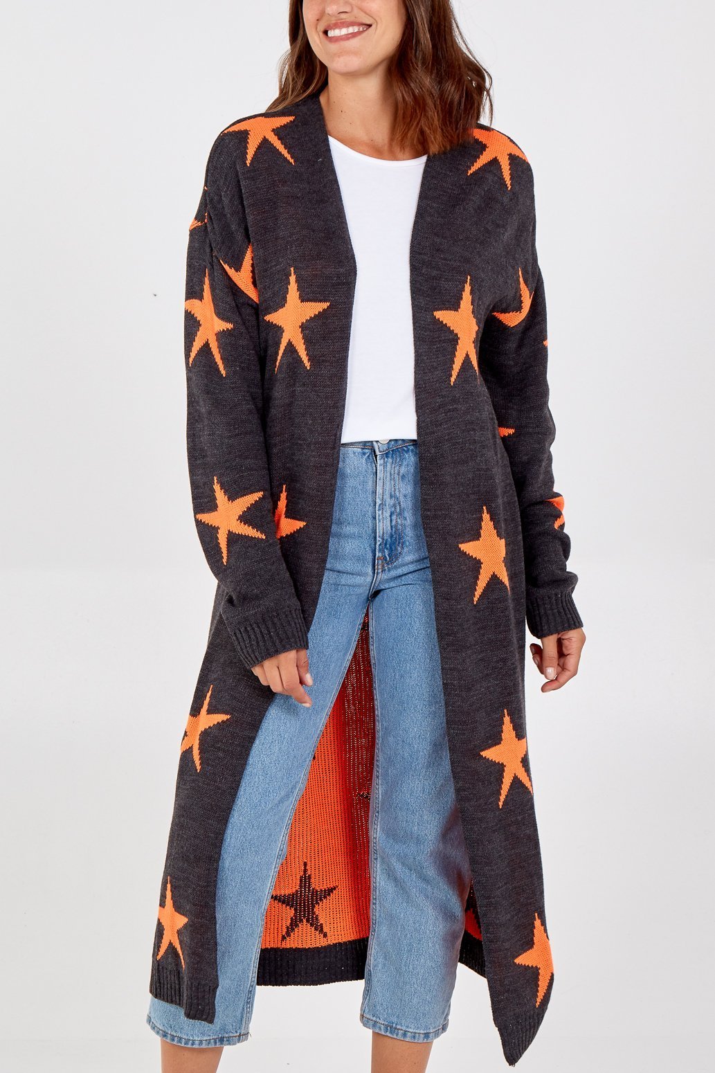 Sharon - Long Knitted Star Cardigan - Pinstripe