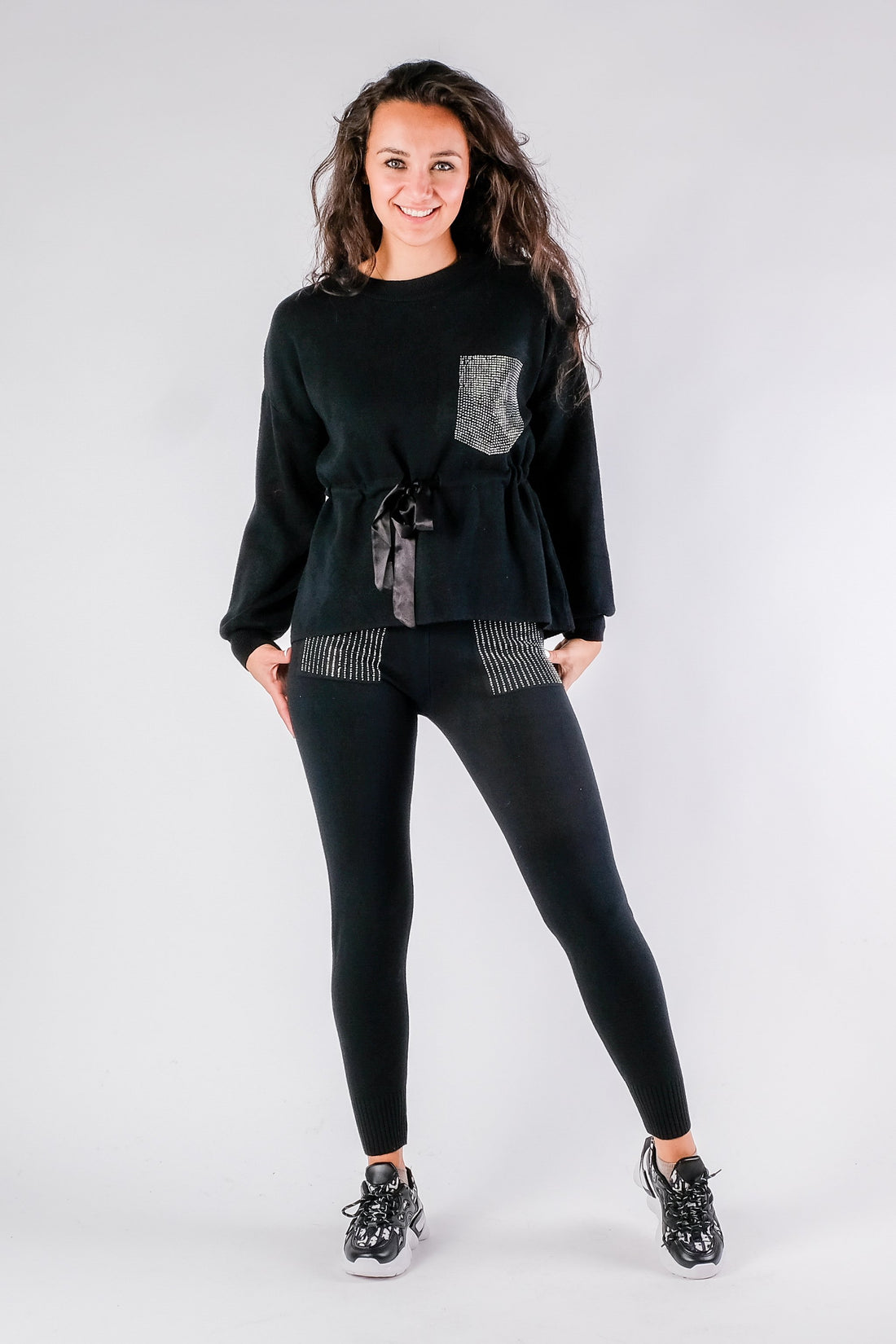 Shayla - Sequin Detail Chunky Knit Tracksuit - Pinstripe