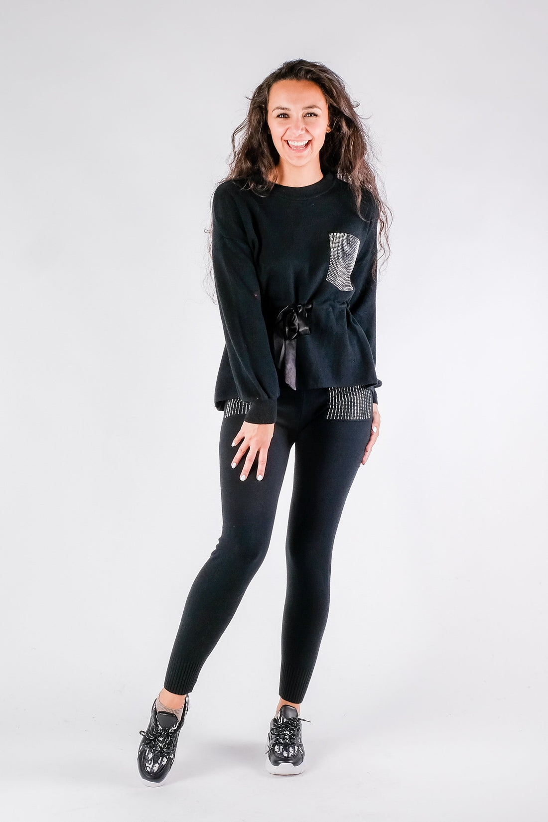 Shayla - Sequin Detail Chunky Knit Tracksuit - Pinstripe
