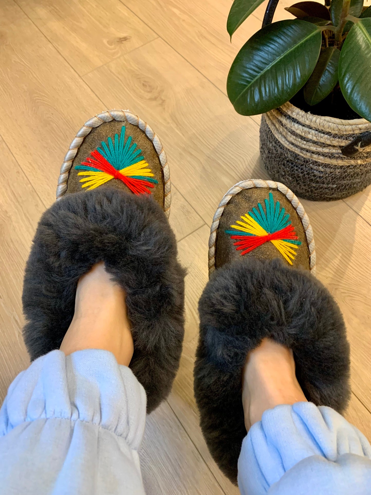 Sheep 🐑 Fur Slippers In Dark Fur - Pinstripe