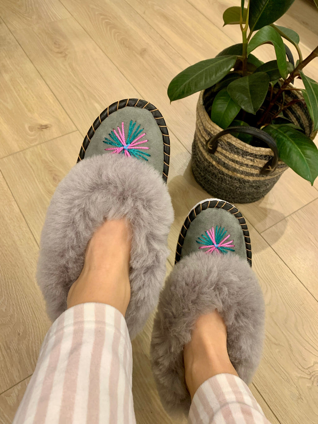 Sheep 🐑 Fur Slippers In Grey - Pinstripe