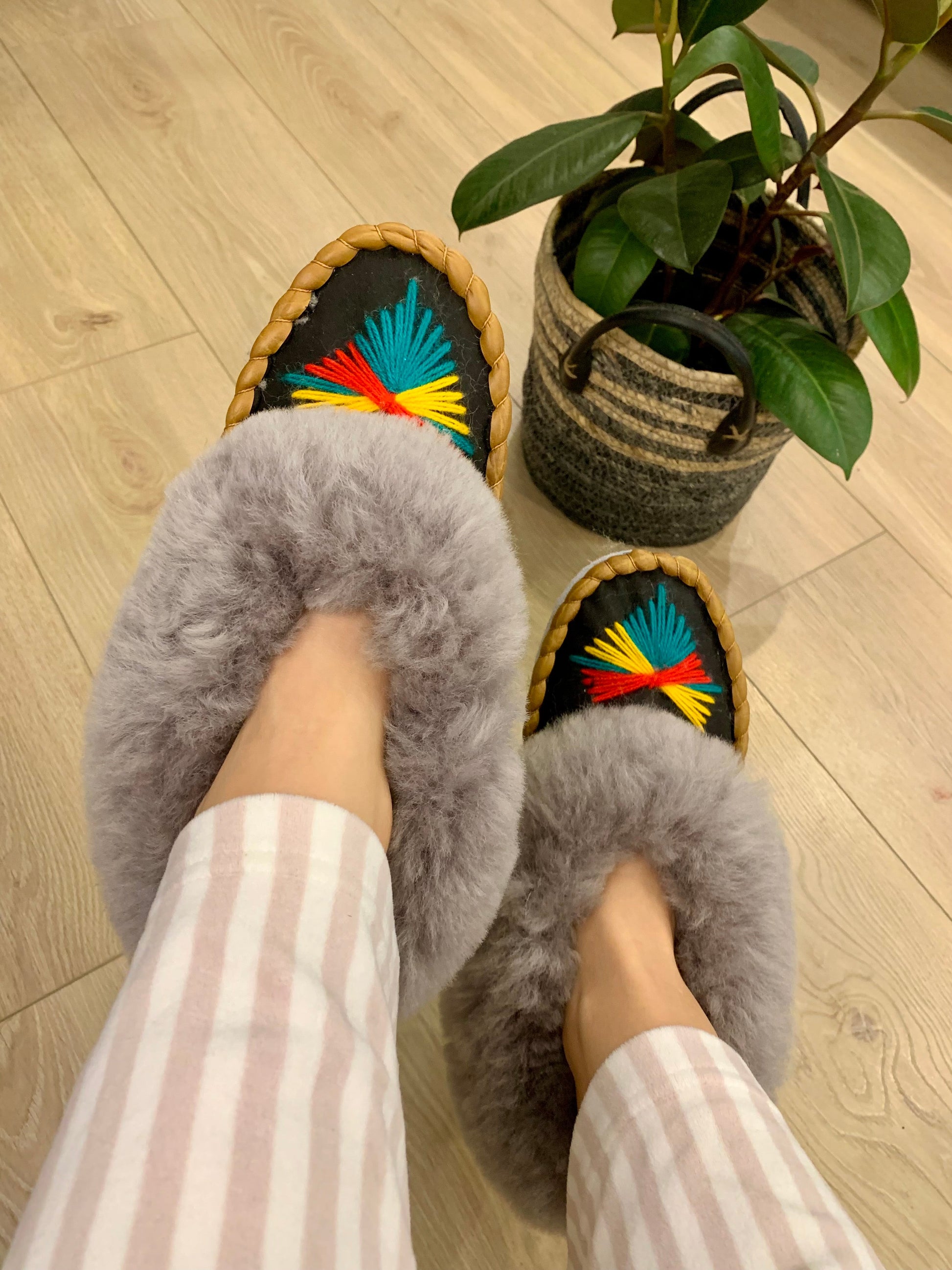 Sheep 🐑 Fur Slippers In Grey - Pinstripe