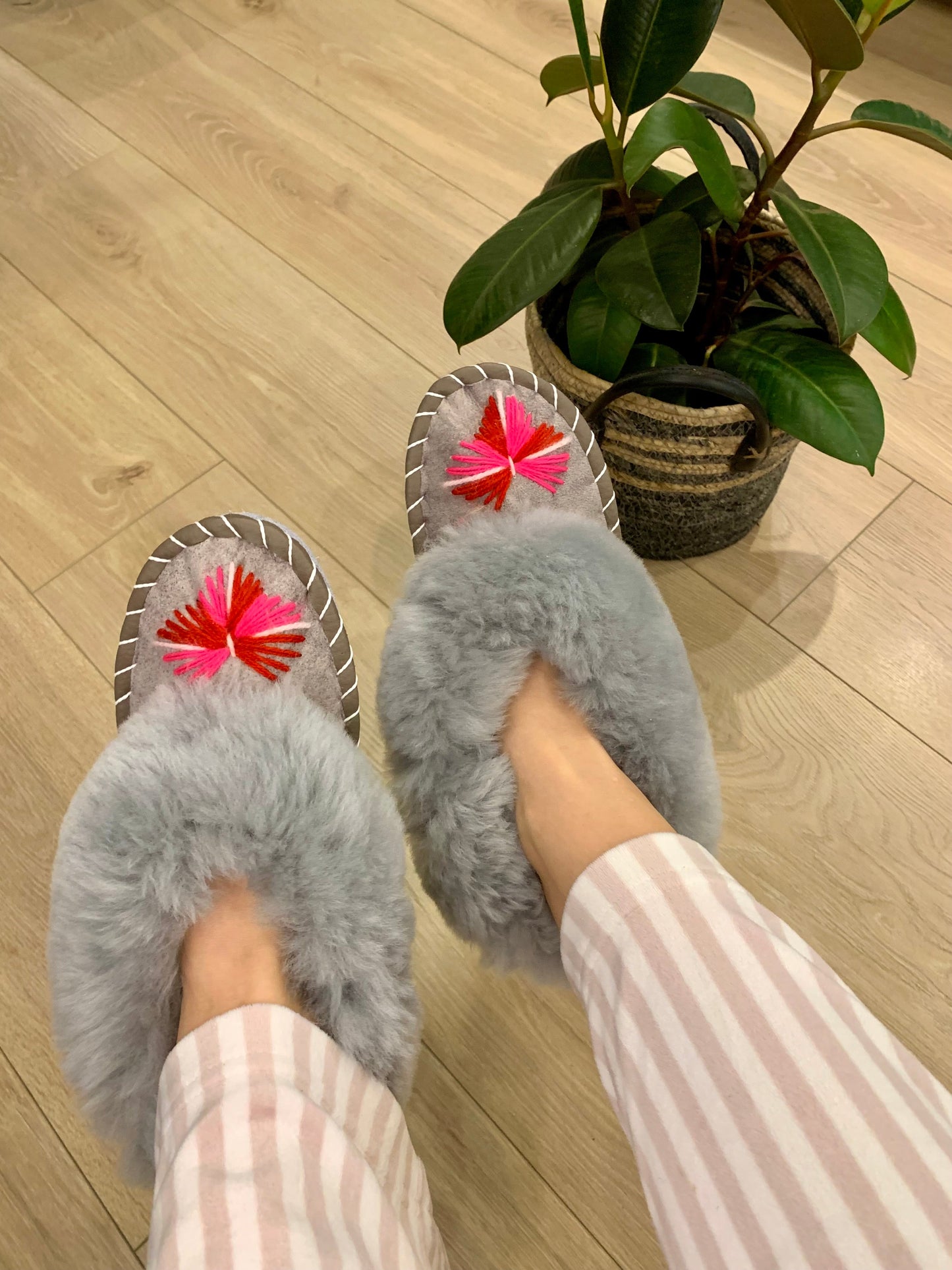 Sheep 🐑 Fur Slippers In Grey - Pinstripe