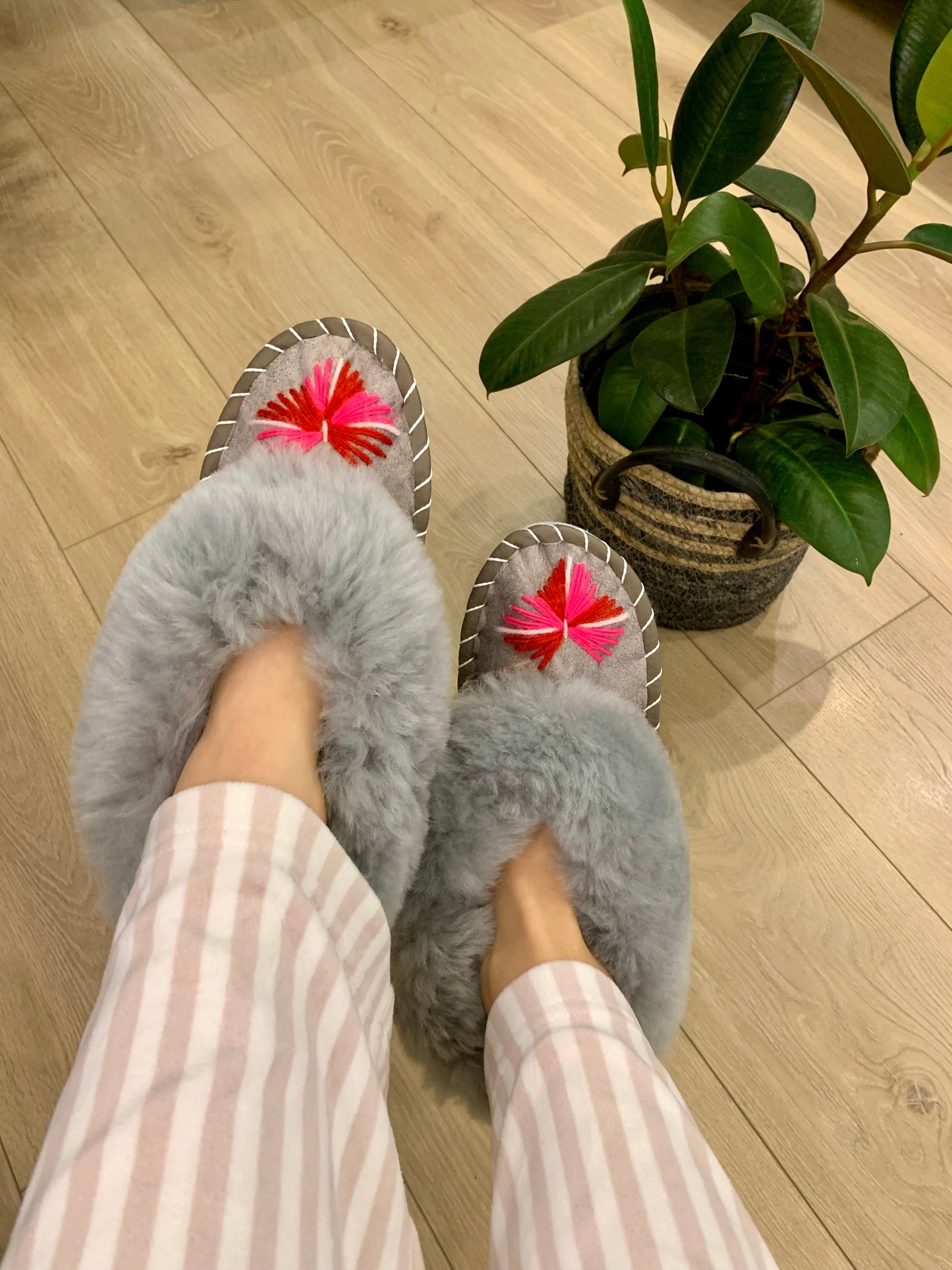 Sheep 🐑 Fur Slippers In Grey - Pinstripe