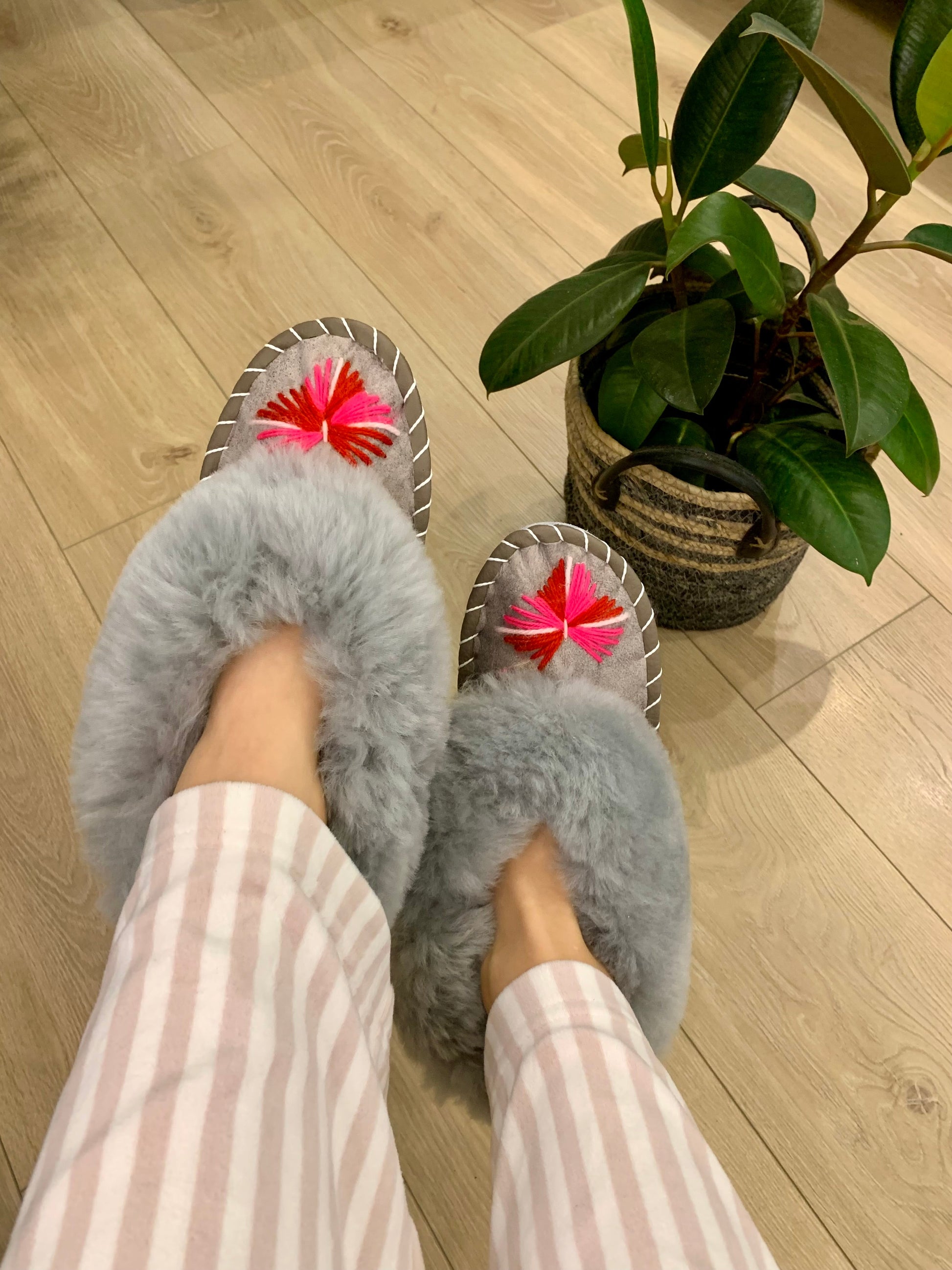 Sheep 🐑 Fur Slippers In Grey - Pinstripe