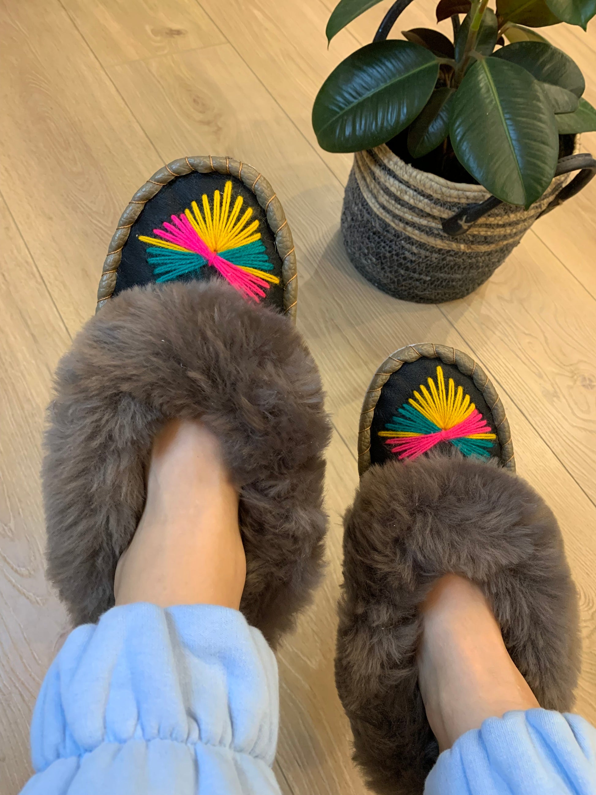Sheep 🐑 Fur Slippers In Mid-Grey - Pinstripe