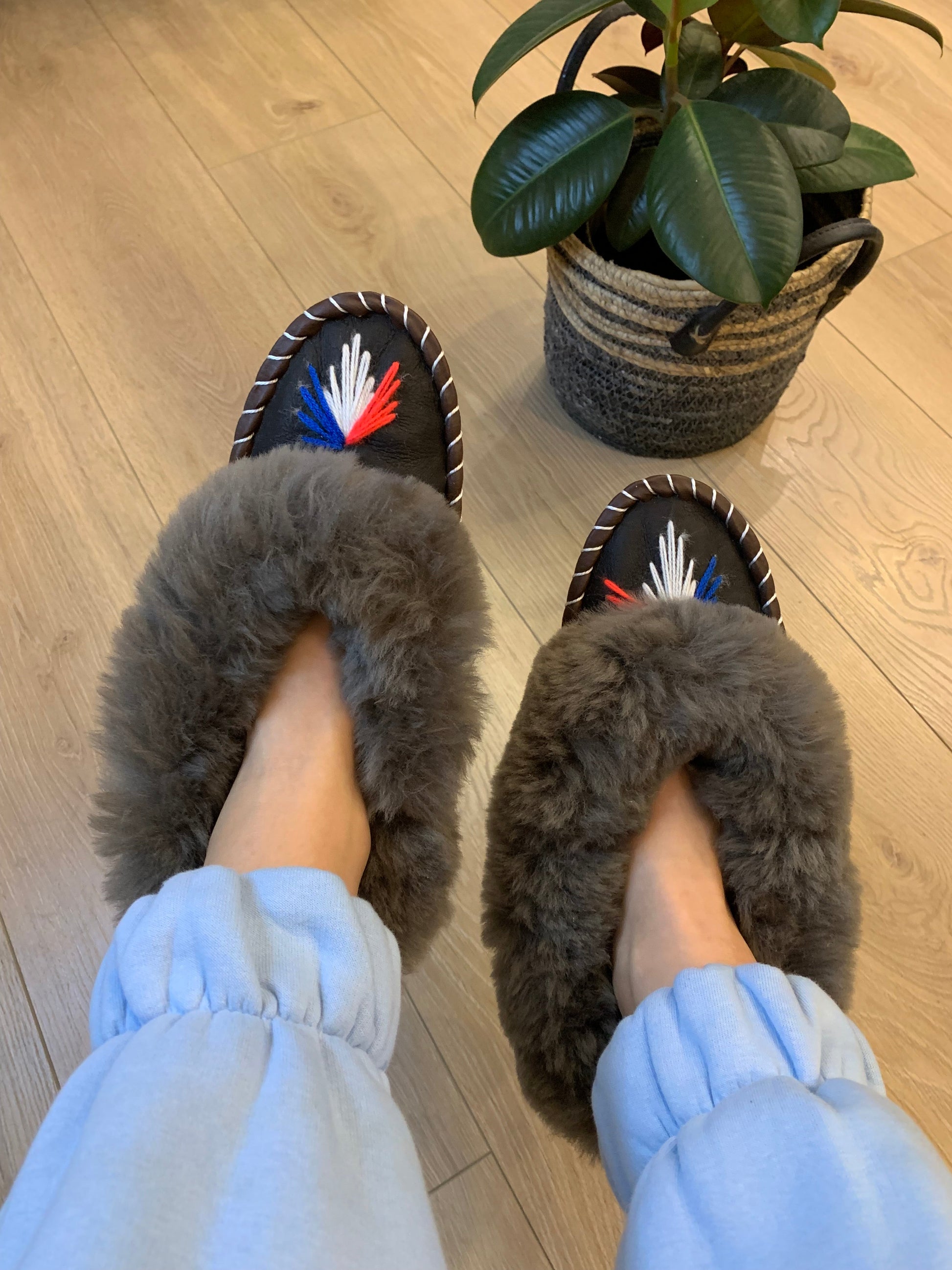 Sheep 🐑 Fur Slippers In Mid-Grey - Pinstripe