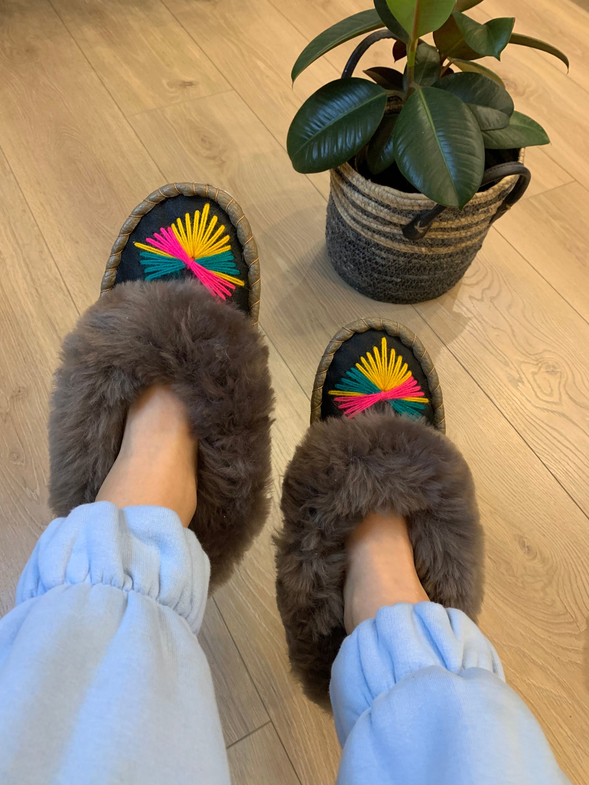 Sheep 🐑 Fur Slippers In Mid-Grey - Pinstripe