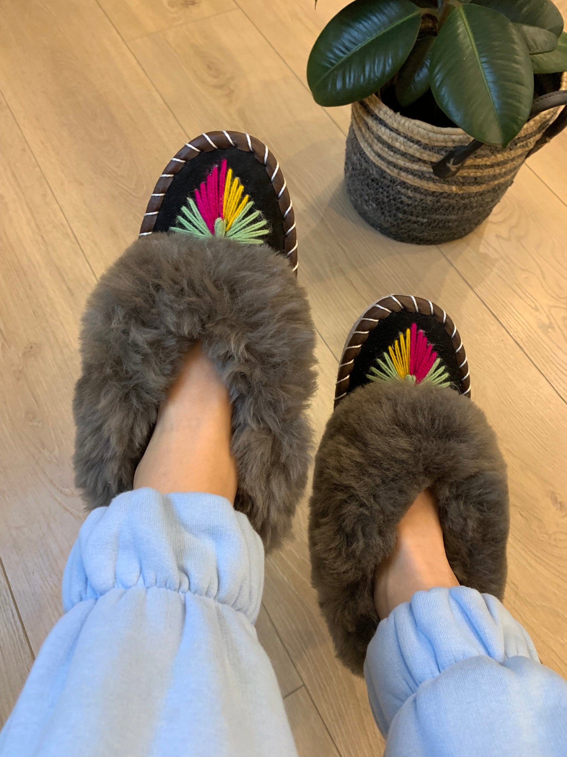 Sheep 🐑 Fur Slippers In Mid-Grey - Pinstripe