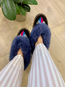 Sheep 🐑 Fur Slippers In Navy - Pinstripe