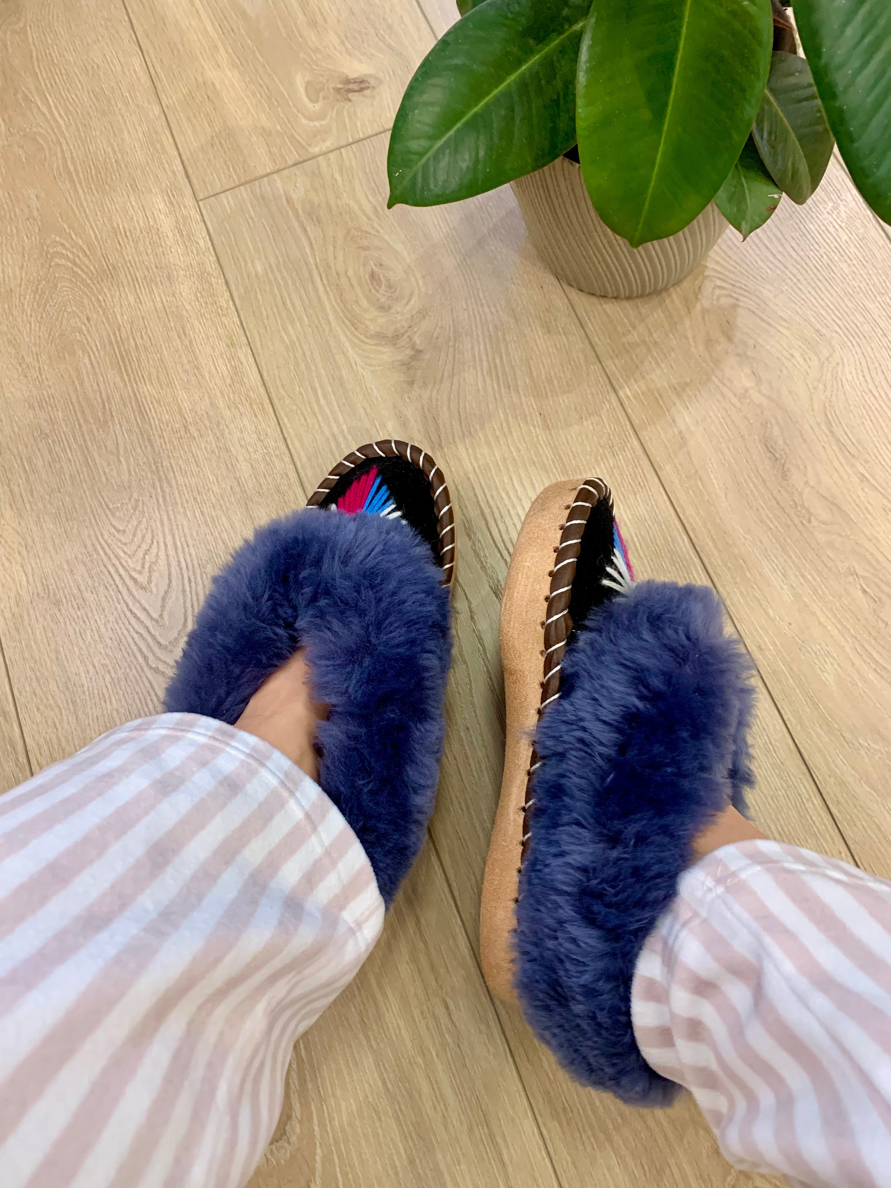 Sheep 🐑 Fur Slippers In Navy - Pinstripe