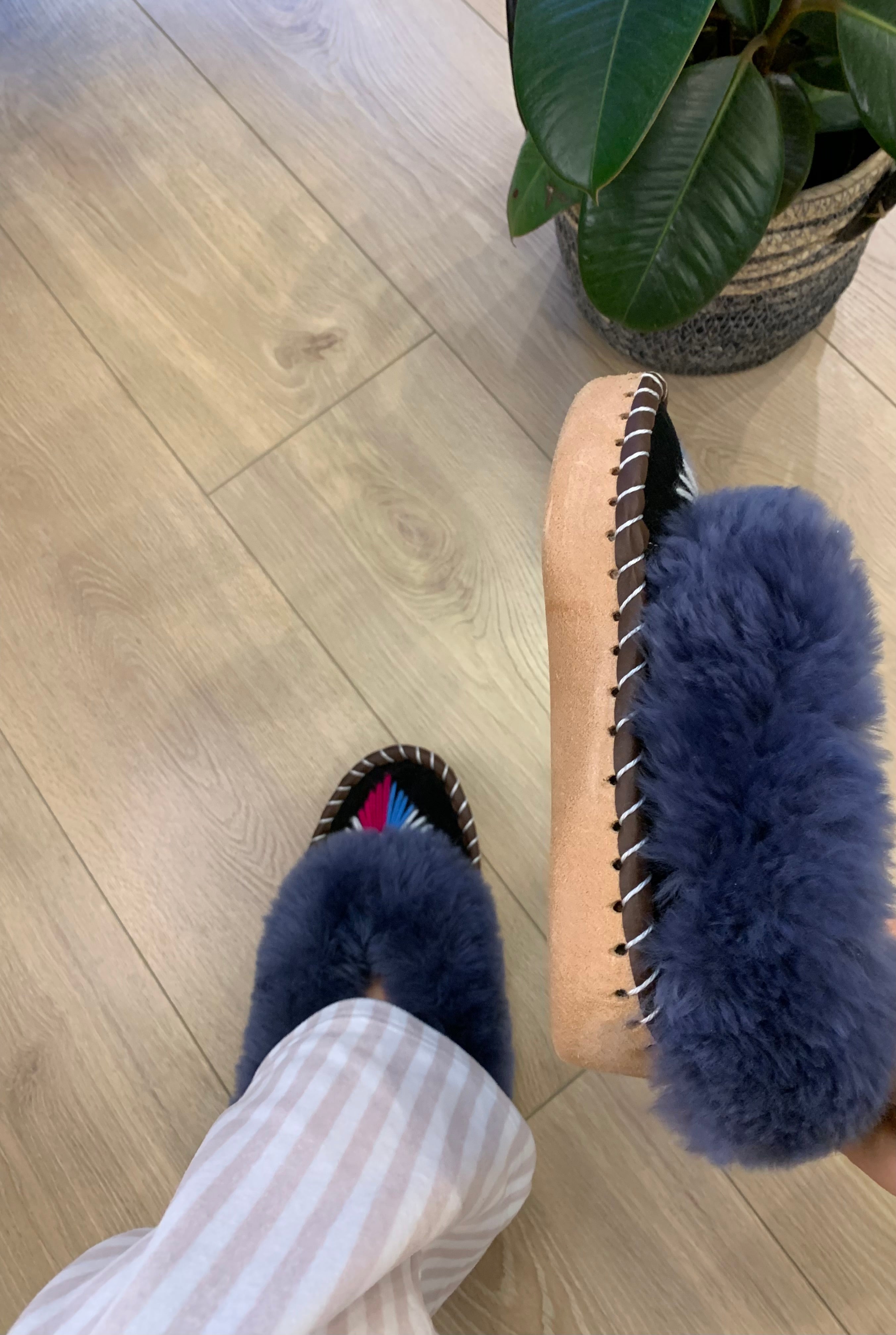 Sheep 🐑 Fur Slippers In Navy - Pinstripe