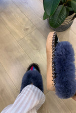 Load image into Gallery viewer, Sheep 🐑 Fur Slippers In Navy - Pinstripe
