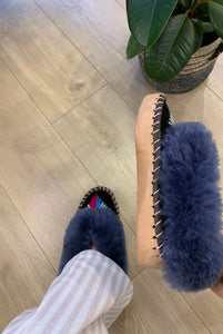 Sheep 🐑 Fur Slippers In Navy - Pinstripe