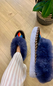 Sheep 🐑 Fur Slippers In Navy - Pinstripe