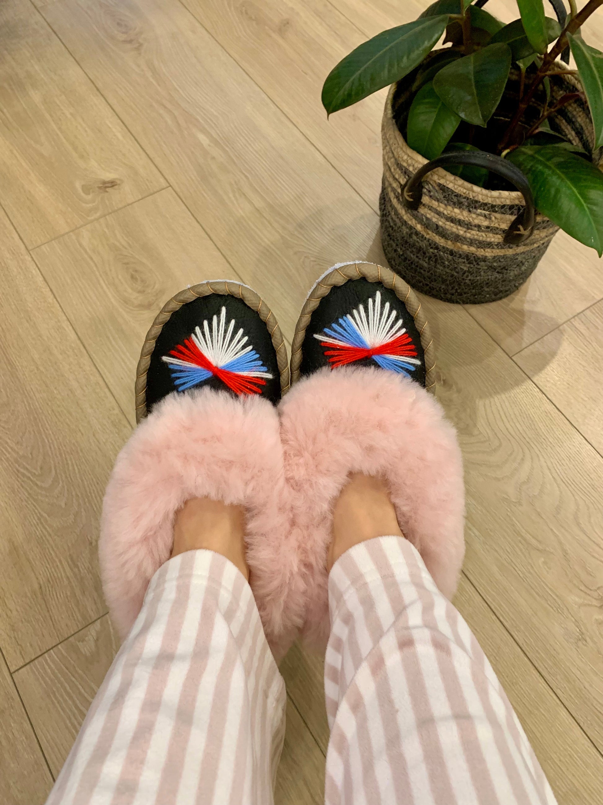 Sheep 🐑 Fur Slippers In Pink - Pinstripe