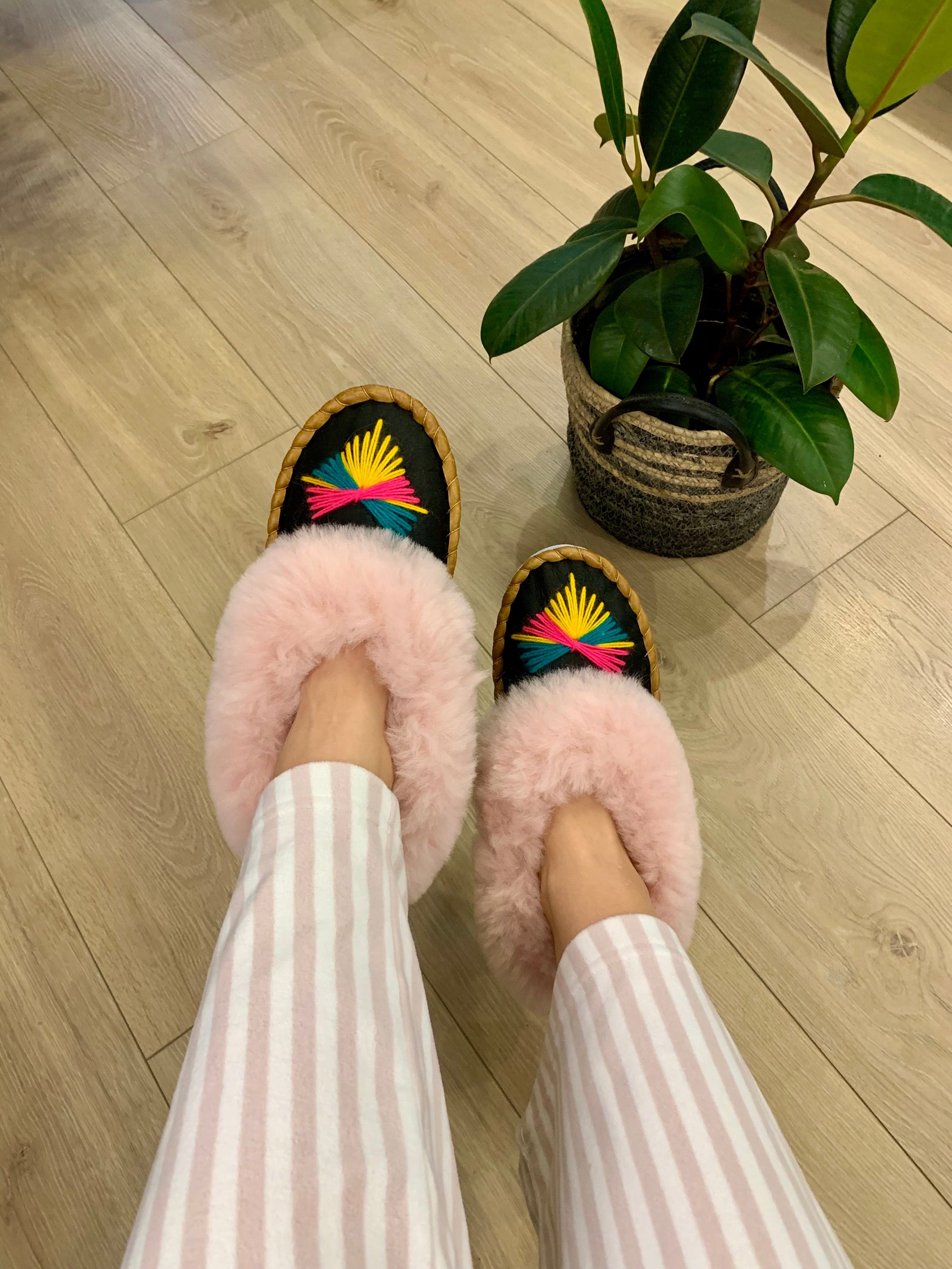Sheep 🐑 Fur Slippers In Pink - Pinstripe