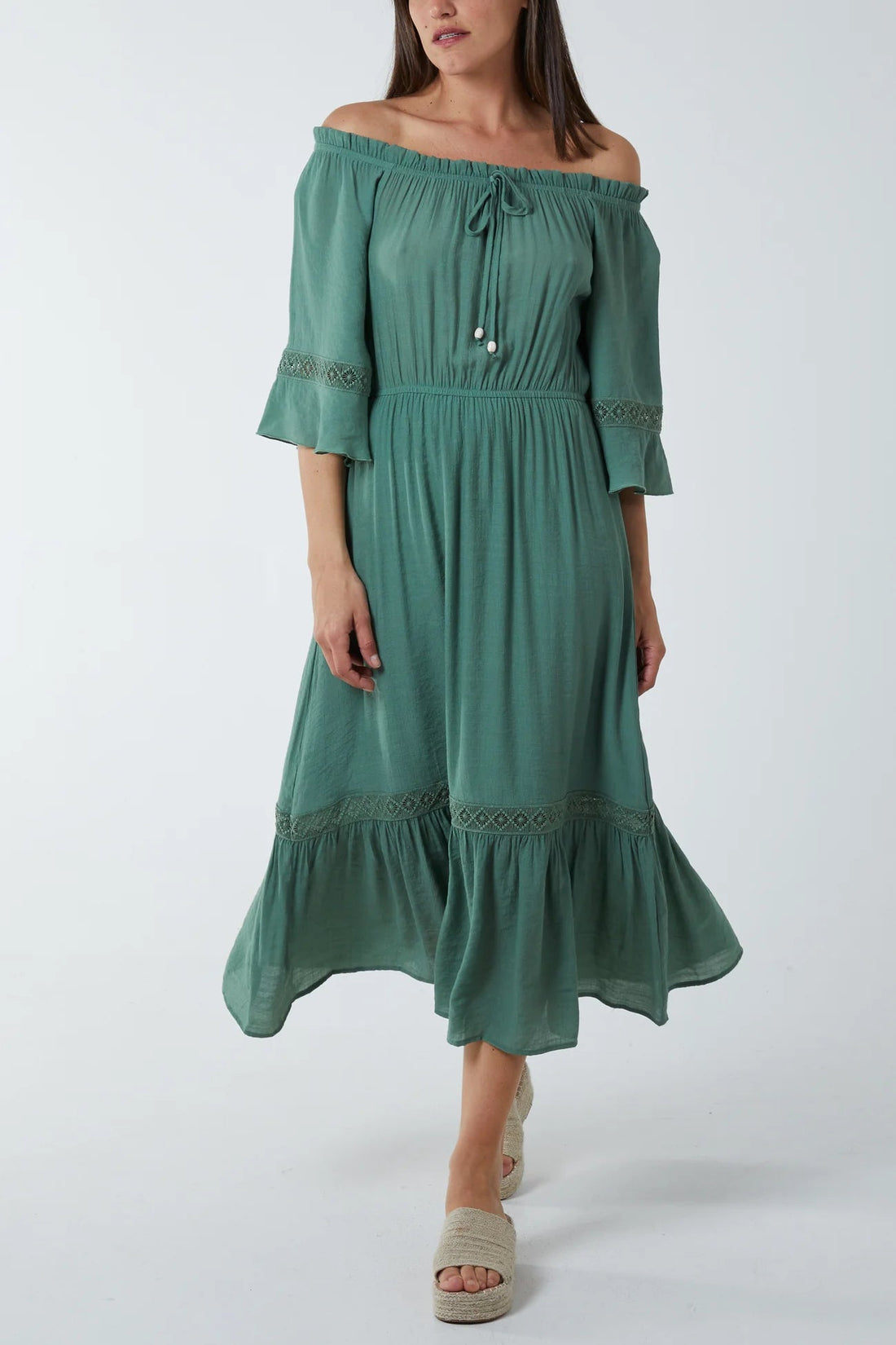 Shirred Bardot Lace Detail Maxi Dress - Pinstripe