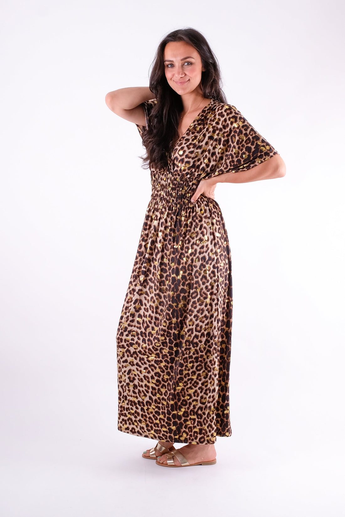 Sue - V-Neck Leopard Print Maxi Dress - Pinstripe