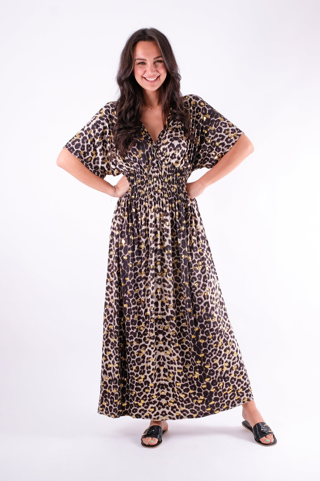 Sue - V-Neck Leopard Print Maxi Dress - Pinstripe