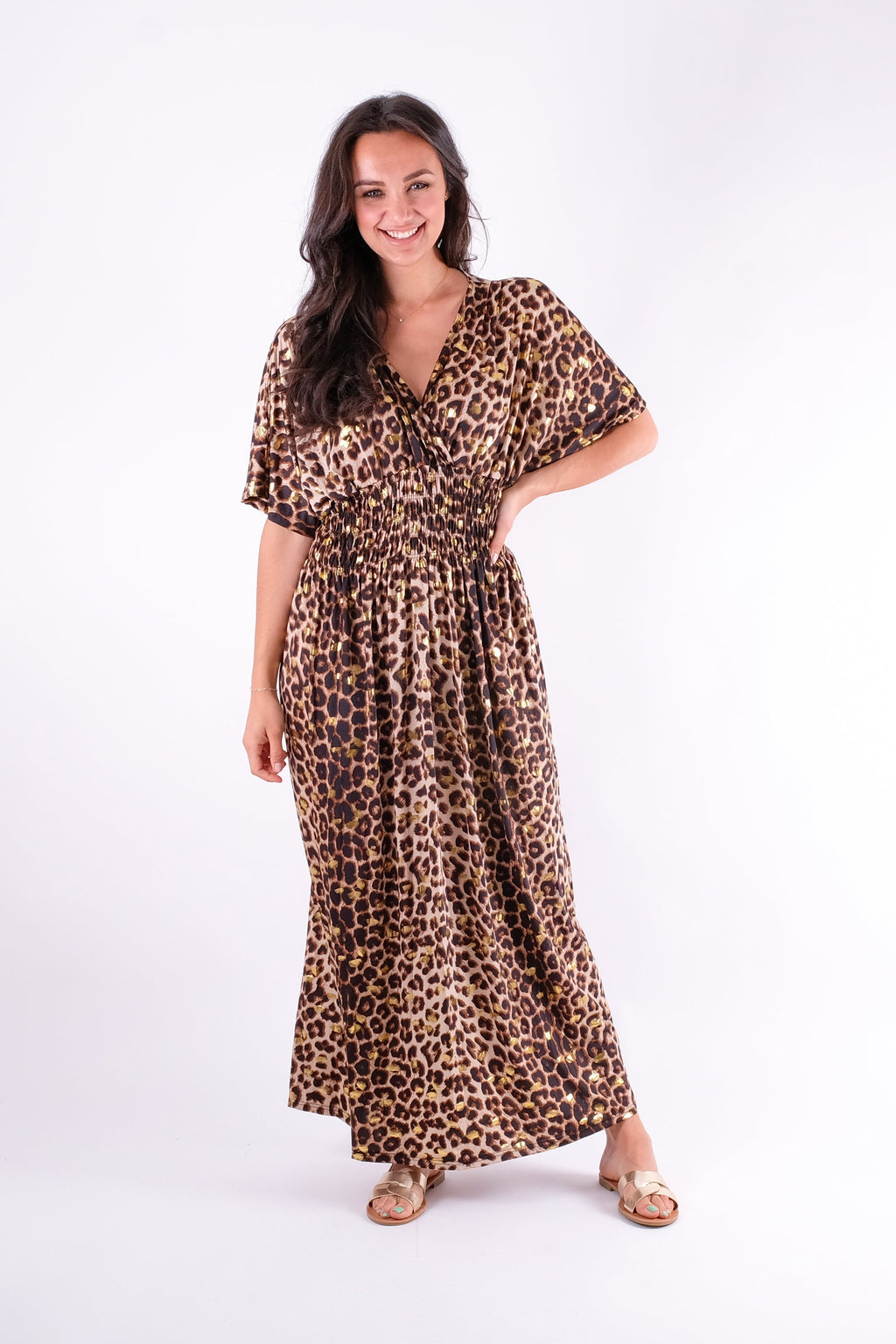 Sue - V-Neck Leopard Print Maxi Dress - Pinstripe